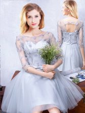  Scoop Grey Half Sleeves Tulle Lace Up Quinceanera Court of Honor Dress for Prom and Party and Wedding Party