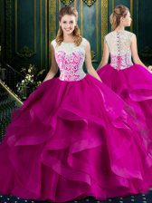 Dynamic Brush Train Ball Gowns Sweet 16 Dress Fuchsia Square Tulle Sleeveless With Train Clasp Handle