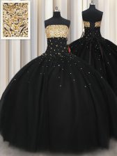Extravagant Floor Length Lace Up Quinceanera Gown Black for Military Ball and Sweet 16 and Quinceanera with Beading