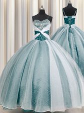 Beauteous Spaghetti Straps Half Sleeves Organza Quince Ball Gowns Beading and Ruching Lace Up