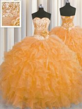 Edgy Handcrafted Flower Ball Gowns Vestidos de Quinceanera Orange Sweetheart Organza Sleeveless Floor Length Lace Up