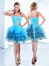  Sweetheart Sleeveless Prom Dresses Mini Length Beading and Ruffled Layers Blue Organza