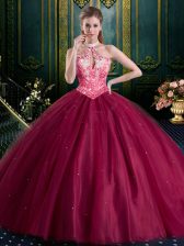 Modest Halter Top High-neck Sleeveless Lace Up 15th Birthday Dress Burgundy Tulle