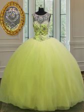 High Class Yellow Green Sleeveless Floor Length Beading Lace Up Quinceanera Dresses