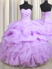  Visible Boning Sleeveless Floor Length Beading and Ruffles and Pick Ups Lace Up Quinceanera Gown with Lilac