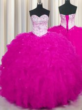 Edgy Fuchsia Lace Up Quince Ball Gowns Beading and Ruffles Sleeveless Floor Length