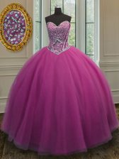 Eye-catching Lilac Ball Gowns Tulle Sweetheart Sleeveless Beading Floor Length Lace Up 15 Quinceanera Dress