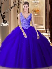 Smart Royal Blue V-neck Backless Lace and Appliques and Pick Ups 15th Birthday Dress Sleeveless