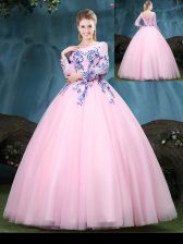 Flirting Scoop Baby Pink Tulle Lace Up Ball Gown Prom Dress Long Sleeves Floor Length Appliques
