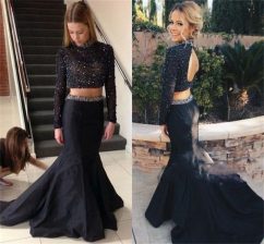 Black High-neck Backless Beading Prom Dresses Brush Train Long Sleeves