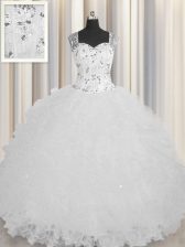 Designer See Through Zipper Up Sleeveless Tulle Floor Length Zipper Vestidos de Quinceanera in White with Beading and Ruffles