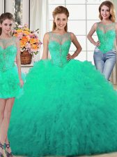 Exceptional Three Piece Turquoise Ball Gowns Tulle Scoop Sleeveless Beading and Ruffles Floor Length Lace Up Sweet 16 Dress