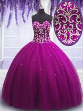 Clearance Sleeveless Tulle Floor Length Lace Up Quinceanera Dress in Fuchsia with Beading