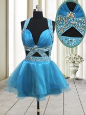 Beauteous Backless Halter Top Sleeveless Mini Length Beading Baby Blue Organza
