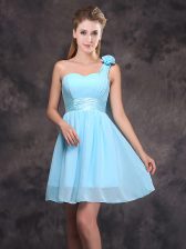 Exceptional One Shoulder Sleeveless Chiffon Dama Dress for Quinceanera Ruching and Hand Made Flower Zipper