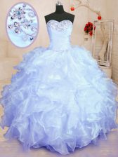 Fitting Sleeveless Floor Length Beading and Ruffles Lace Up Sweet 16 Dresses with Lavender
