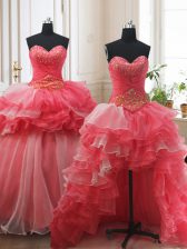 Spectacular Three Piece Sleeveless Brush Train Beading and Ruffled Layers Lace Up 15 Quinceanera Dress