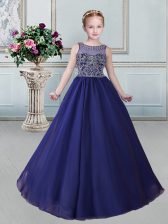  Scoop Floor Length Royal Blue Pageant Gowns For Girls Organza Sleeveless Beading