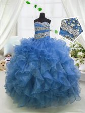  Blue Sweetheart Neckline Beading and Ruffles Kids Pageant Dress Sleeveless Lace Up