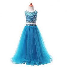  Organza Scoop Sleeveless Zipper Beading Flower Girl Dresses in Aqua Blue