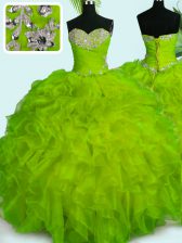 Latest Yellow Green Organza Lace Up Ball Gown Prom Dress Sleeveless Floor Length Beading and Ruffles