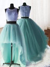 Custom Design Three Piece Scoop Sleeveless Organza and Tulle and Lace Sweet 16 Dress Beading and Ruffles Brush Train Zipper