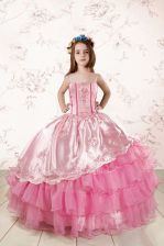 Stunning Ruffled Spaghetti Straps Sleeveless Lace Up Girls Pageant Dresses Rose Pink Organza