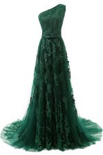 Dynamic One Shoulder Tulle Sleeveless Prom Evening Gown Sweep Train and Beading and Appliques