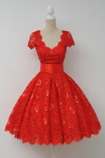 Suitable Lace Scalloped Cap Sleeves Zipper Knee Length Sashes ribbons Homecoming Dress
