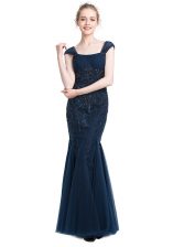 Modern Mermaid Beading Prom Dress Navy Blue Zipper Cap Sleeves Floor Length