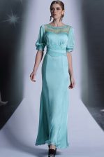 Pretty Aqua Blue Column/Sheath Sequins and Pleated Zipper Chiffon Half Sleeves Floor Length