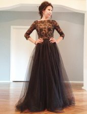 Top Selling Black 3 4 Length Sleeve Floor Length Beading and Lace Backless 