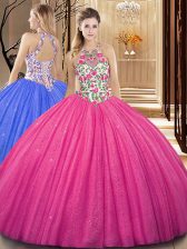 Sequins Scoop Sleeveless Backless Vestidos de Quinceanera Hot Pink Tulle