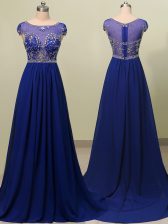  Scoop Royal Blue Zipper Evening Dress Beading Cap Sleeves With Brush Train