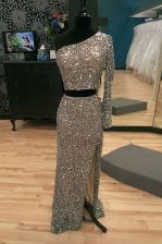  Silver Sequined Zipper One Shoulder Long Sleeves With Train Evening Dress Sweep Train Beading
