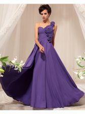  One Shoulder Hand Made Flower Prom Evening Gown Purple Side Zipper Sleeveless Floor Length