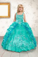 Aqua Blue Ball Gowns Beading and Appliques and Pick Ups Little Girls Pageant Dress Wholesale Lace Up Satin Sleeveless Floor Length