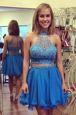 Suitable Halter Top Beading Dress for Prom Blue Zipper Sleeveless Knee Length