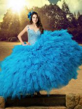 Graceful Straps Sleeveless Quinceanera Gowns Floor Length Beading and Ruffles Baby Blue Tulle