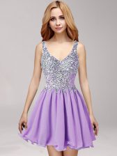 Elegant A-line Prom Party Dress Lavender Straps Chiffon Sleeveless Mini Length Side Zipper