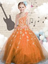  Orange Sleeveless Floor Length Appliques Lace Up Little Girl Pageant Dress