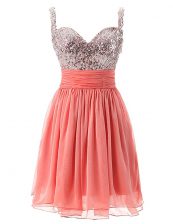 Sophisticated Straps Sleeveless Prom Gown Knee Length Beading Watermelon Red Chiffon
