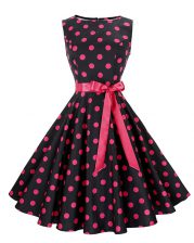 Dazzling Scoop Knee Length Zipper Prom Party Dress Red And Black for Prom and Party with Sashes ribbons and Pattern