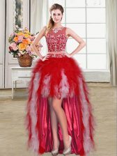  Red Zipper Scoop Beading and Ruffles Prom Party Dress Tulle Sleeveless