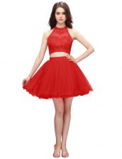  Coral Red Organza Zipper High-neck Sleeveless Mini Length Dress for Prom Beading