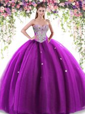 Elegant Sleeveless Tulle Floor Length Lace Up Sweet 16 Quinceanera Dress in Eggplant Purple with Beading