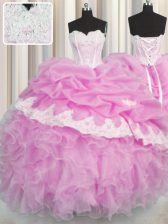 Superior Pick Ups Pink Sleeveless Organza Lace Up 15th Birthday Dress for Military Ball and Sweet 16 and Quinceanera