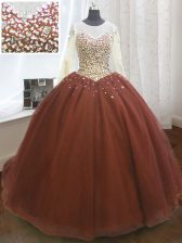 Stylish Scoop Burgundy Long Sleeves Beading and Sequins Lace Up Quinceanera Gowns