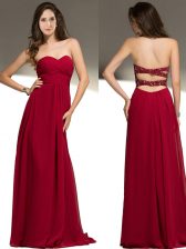 Pretty Red Empire Sweetheart Sleeveless Chiffon Floor Length Criss Cross Beading Homecoming Dress