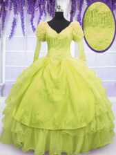 Designer V-neck Sleeveless Lace Up Sweet 16 Dresses Yellow Green Organza